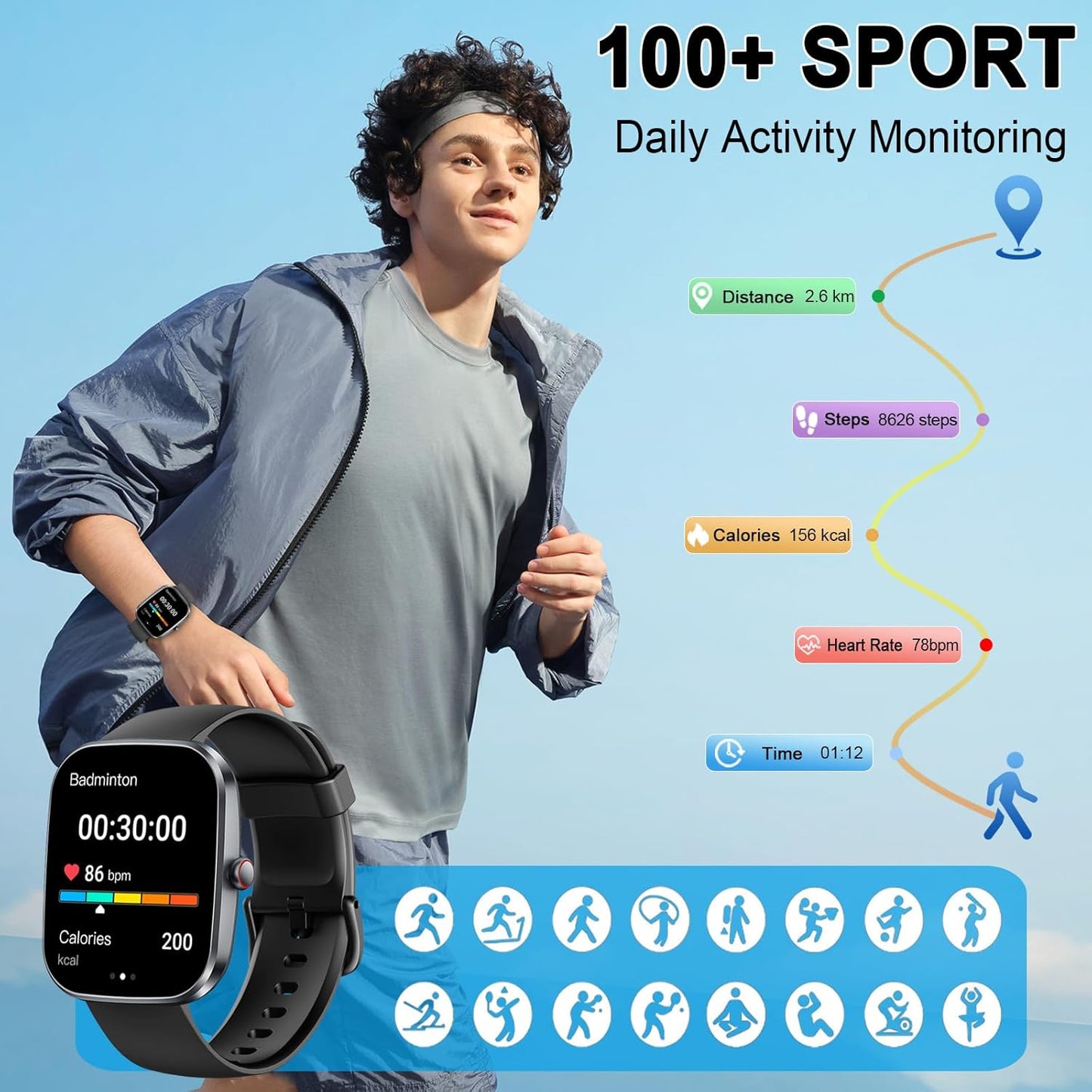 Smart Watch(Answer/Make Call), 1.91" Smartwatch for Men Women, NEW Fitness Watch with 110+ Sport Modes, Fitness Activity Tracke with Pedometer/Sleep Monitor/Heart Rate/Ip68 Waterproof, for Android Ios