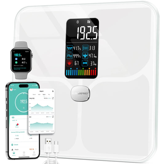 ABLEGRID Smart Digital Body Fat Scale with Large LCD Display, Rechargeable Weight Scale Featuring 16 Body Composition Metrics, Including BMI and Heart Rate, 400 lb Capacity, White